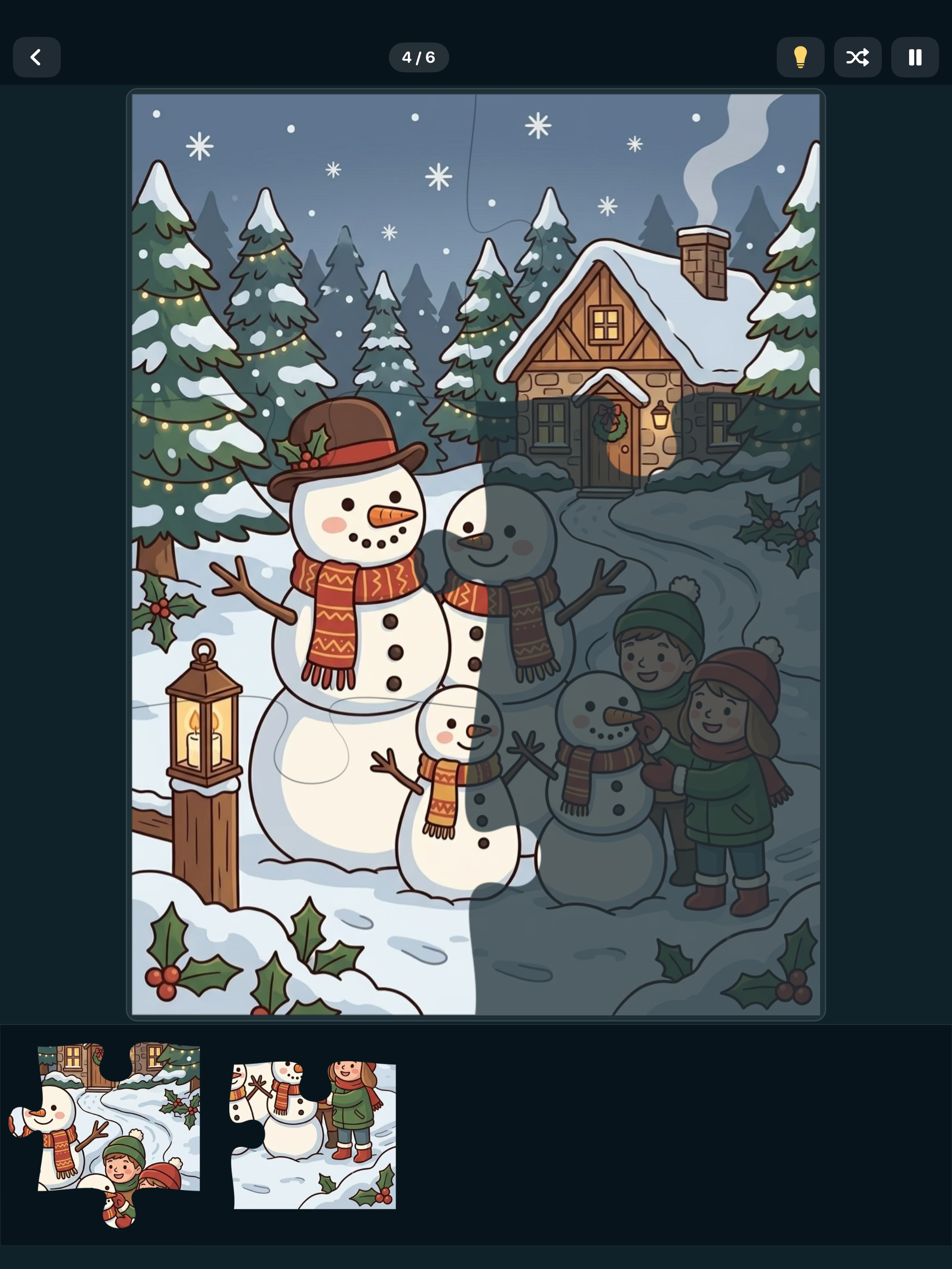 iPad view of a Snowflake puzzle — large pieces on a full-screen board with the tray along the bottom