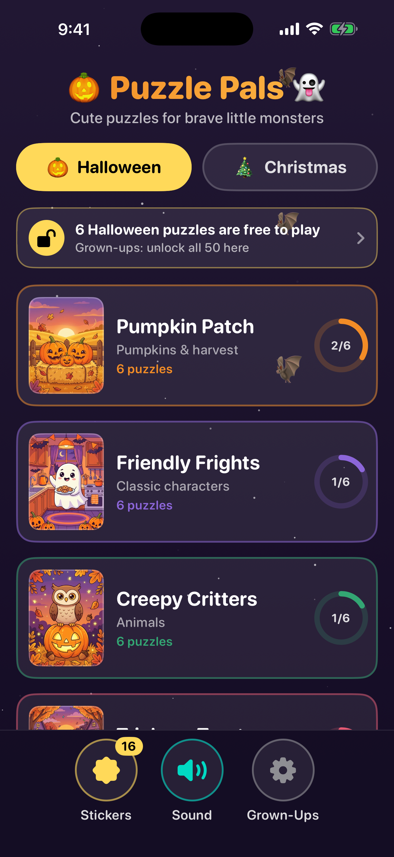 Puzzle Pals home screen — Halloween selected, with the Christmas toggle, eight Halloween packs and Stickers, Sound and Grown-Ups buttons