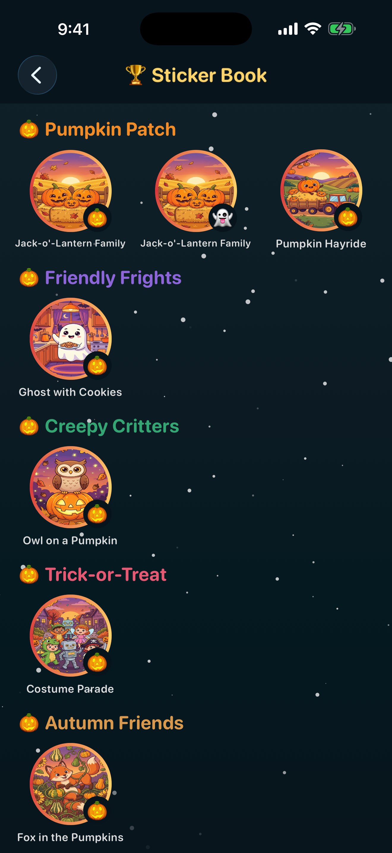 The Sticker Book — a grid of earned stickers, each a tiny version of a finished puzzle with its size badge