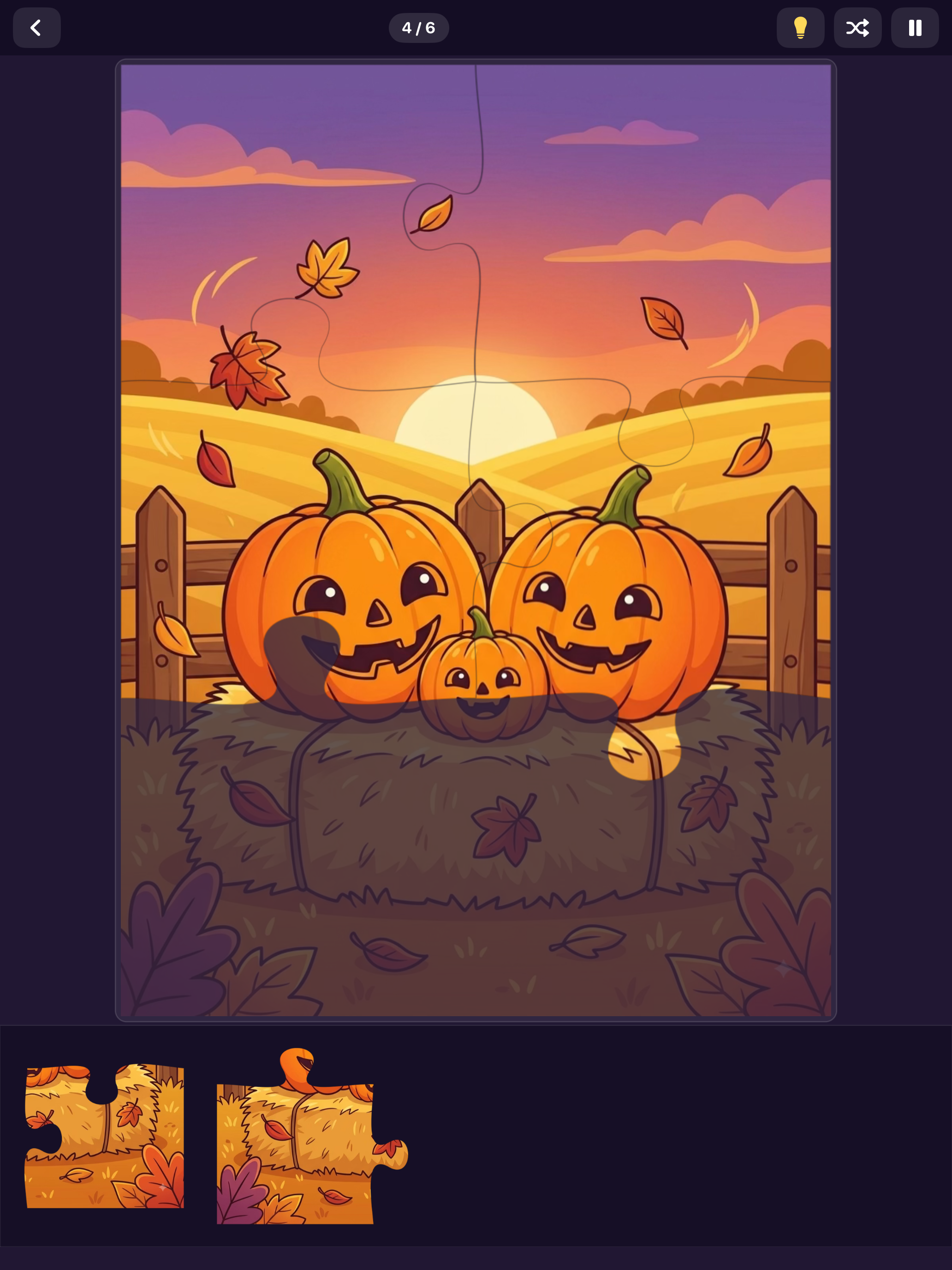 iPad view of a Pumpkin Sprout puzzle — large pieces on a full-screen board with the tray along the bottom