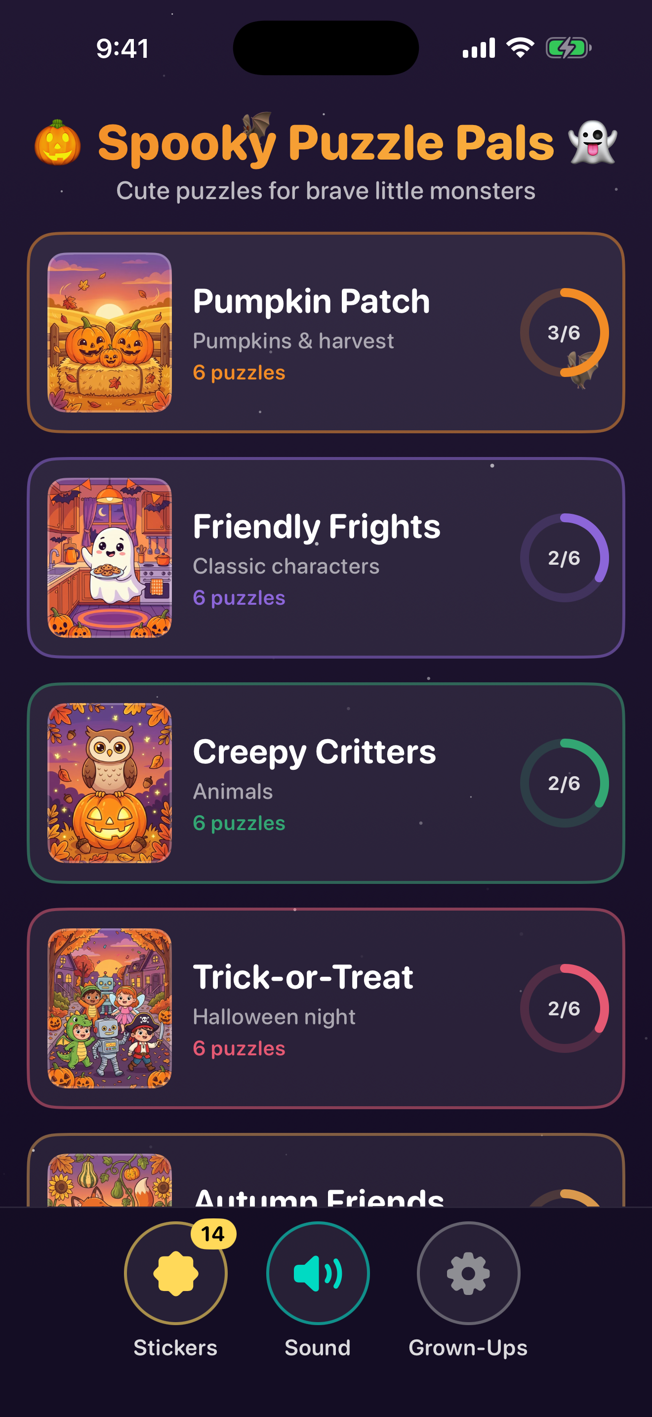 Spooky Puzzle Pals home screen — eight themed puzzle packs on a starry night background with Stickers, Sound and Grown-Ups buttons