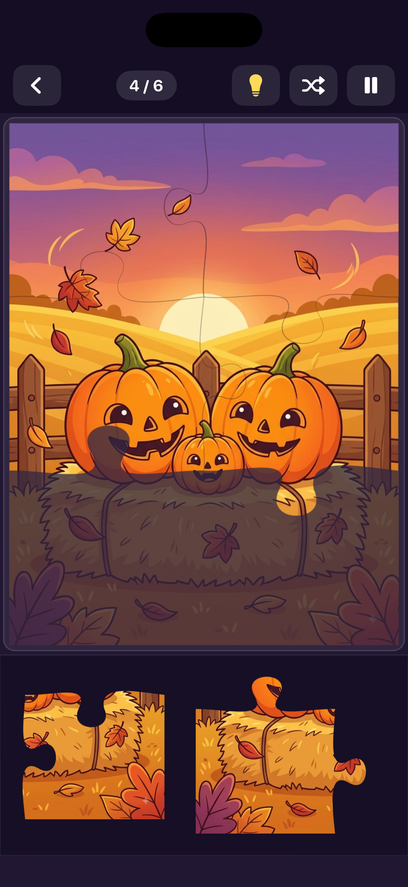 A six-piece Pumpkin Sprout puzzle in progress, four pieces placed, big pieces waiting in the tray below