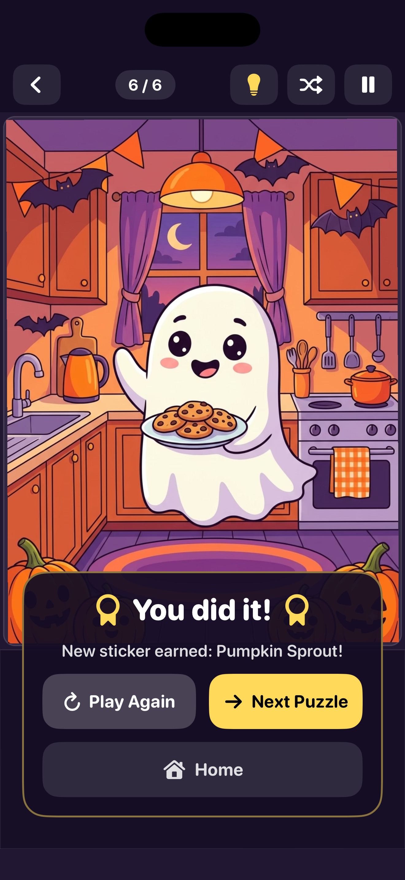 Completion screen reading 'You did it!' with the finished puzzle, a new sticker earned, and Next Puzzle and Play Again buttons
